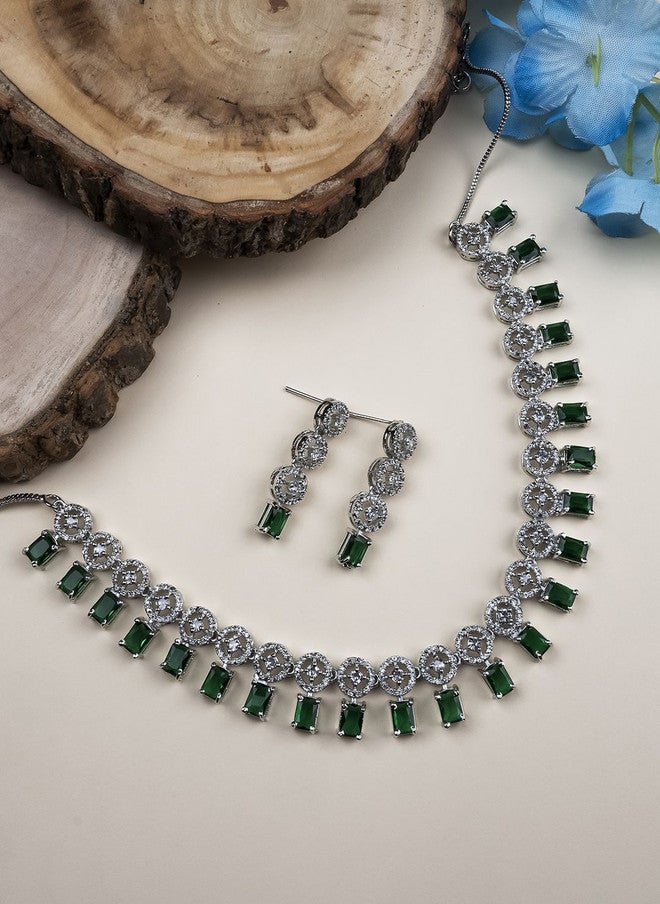 StileAdda Silver-Plated American Diamond Studded Necklace and Earrings Set - Image 1