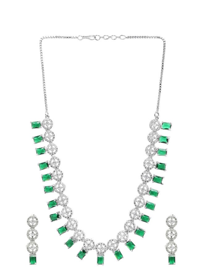 StileAdda Silver-Plated American Diamond Studded Necklace and Earrings Set - Image 2