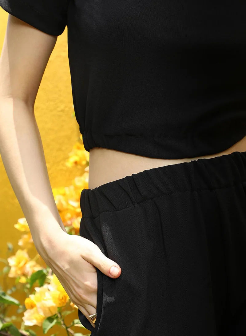 PINACOLADA  Women's Midnight Black Cropped Co-Ord Set For Casual Wear | Crew Neck | Short Sleeve | Pull On Closure | Co-Ords Designed With Comfort Fit For Woman & Girls for Women | Best Price UAE
