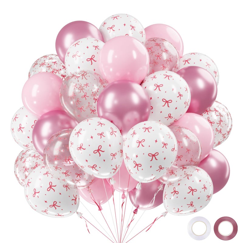 Netnology Pink Bow Balloons, 60Pcs 12 Inch Light Pink Metallic Pink Clear White Bow Balloon for Girls Women Princess Coquette Birthday Baby Shower Bridal Shower Wedding Bachelorette Party Decorations - Image 1
