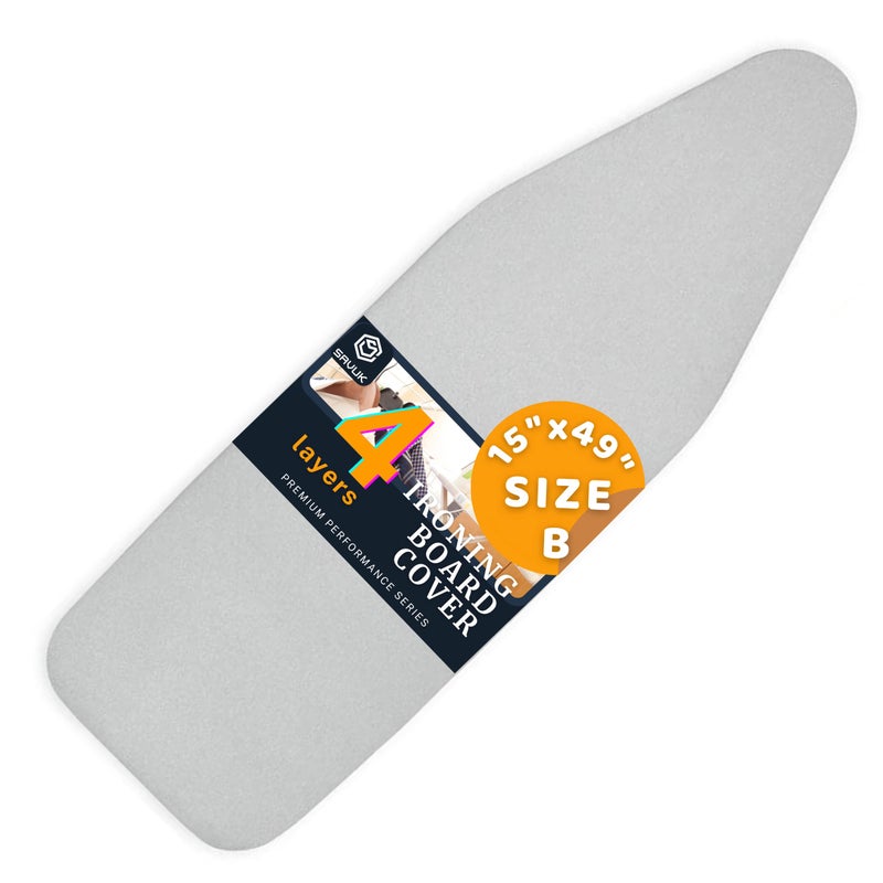 SAVUK Ironing Board Cover and Pad with Standart Size 15x49 Adjustable Elastic Edge Fit Extra Thick Padding Heat Reflective Non Stick Scorch and Stain Resistant Easy Installation Silver