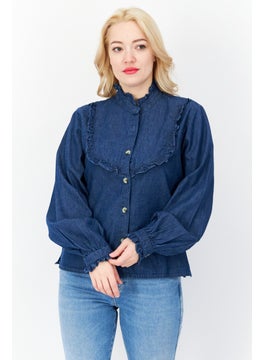 French Connection Women Ruffle Collar Long Sleeve Textured Blouse, Denim Blue  - Image 1