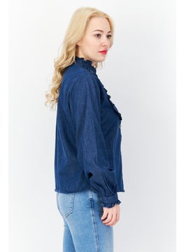 French Connection Women Ruffle Collar Long Sleeve Textured Blouse, Denim Blue  - Image 2