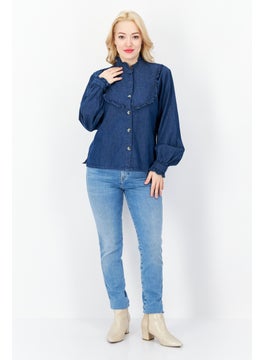 French Connection Women Ruffle Collar Long Sleeve Textured Blouse, Denim Blue  - Image 4