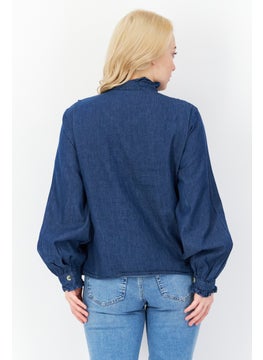French Connection Women Ruffle Collar Long Sleeve Textured Blouse, Denim Blue  - Image 3