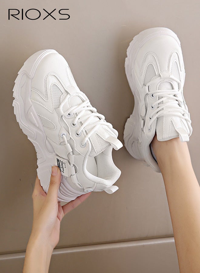 RIOXS Chunky Sneakers for Women, Fashion Thick-soled Daddy Sneakers, Classic Lace-up Women's Sport Shoes, Breathable Athlesiure Shoes for Ladies, Lightweight Anti-Slip Running Shoes,  Women's Trainers Comfort Tennis Footwear, Stylish Shoes for Streetwear and Daily Outfits, Ladys Chic White Sneakers - Image 1