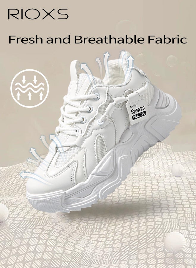 RIOXS Chunky Sneakers for Women, Fashion Thick-soled Daddy Sneakers, Classic Lace-up Women's Sport Shoes, Breathable Athlesiure Shoes for Ladies, Lightweight Anti-Slip Running Shoes,  Women's Trainers Comfort Tennis Footwear, Stylish Shoes for Streetwear and Daily Outfits, Ladys Chic White Sneakers - Image 4