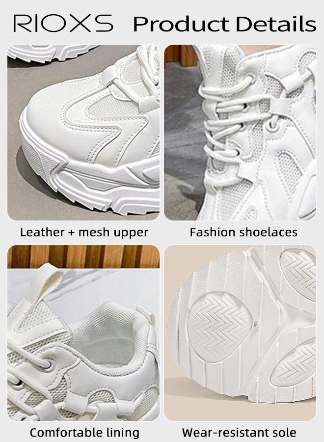 RIOXS Chunky Sneakers for Women, Fashion Thick-soled Daddy Sneakers, Classic Lace-up Women's Sport Shoes, Breathable Athlesiure Shoes for Ladies, Lightweight Anti-Slip Running Shoes,  Women's Trainers Comfort Tennis Footwear, Stylish Shoes for Streetwear and Daily Outfits, Ladys Chic White Sneakers - Image 5
