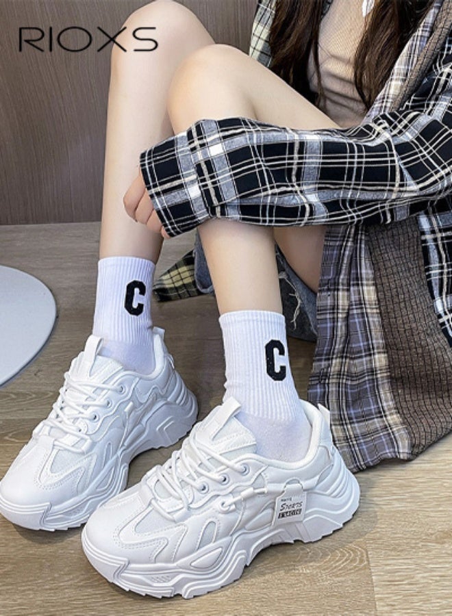 RIOXS Chunky Sneakers for Women, Fashion Thick-soled Daddy Sneakers, Classic Lace-up Women's Sport Shoes, Breathable Athlesiure Shoes for Ladies, Lightweight Anti-Slip Running Shoes,  Women's Trainers Comfort Tennis Footwear, Stylish Shoes for Streetwear and Daily Outfits, Ladys Chic White Sneakers - Image 2