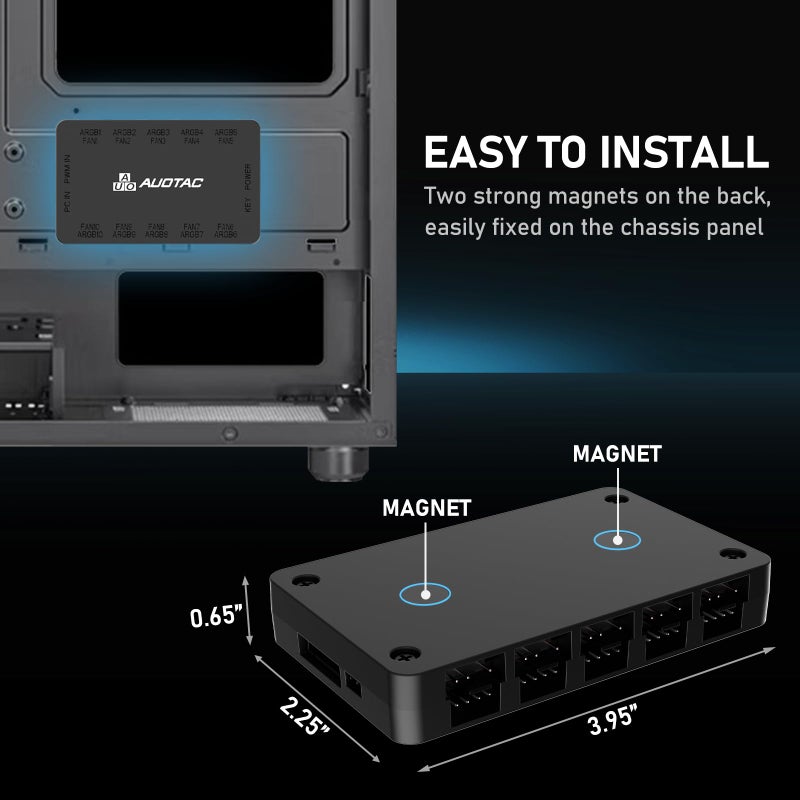 Auotac وحدة تحكم Auotac ARGB لمروحة PWM مع جهاز تحكم عن بعد RF، (توصيل عشرة مراوح حالة، 5V 3Pin ARGB و 12V 4Pin موصل مروحة PWM، مدخل طاقة مزدوج SATA، شفط مغناطيسي)، أسود - Image 4