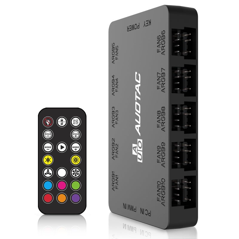 Auotac وحدة تحكم Auotac ARGB لمروحة PWM مع جهاز تحكم عن بعد RF، (توصيل عشرة مراوح حالة، 5V 3Pin ARGB و 12V 4Pin موصل مروحة PWM، مدخل طاقة مزدوج SATA، شفط مغناطيسي)، أسود - Image 1
