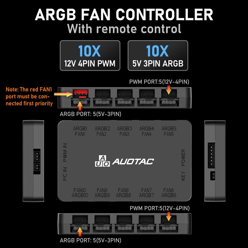 Auotac وحدة تحكم Auotac ARGB لمروحة PWM مع جهاز تحكم عن بعد RF، (توصيل عشرة مراوح حالة، 5V 3Pin ARGB و 12V 4Pin موصل مروحة PWM، مدخل طاقة مزدوج SATA، شفط مغناطيسي)، أسود - Image 3