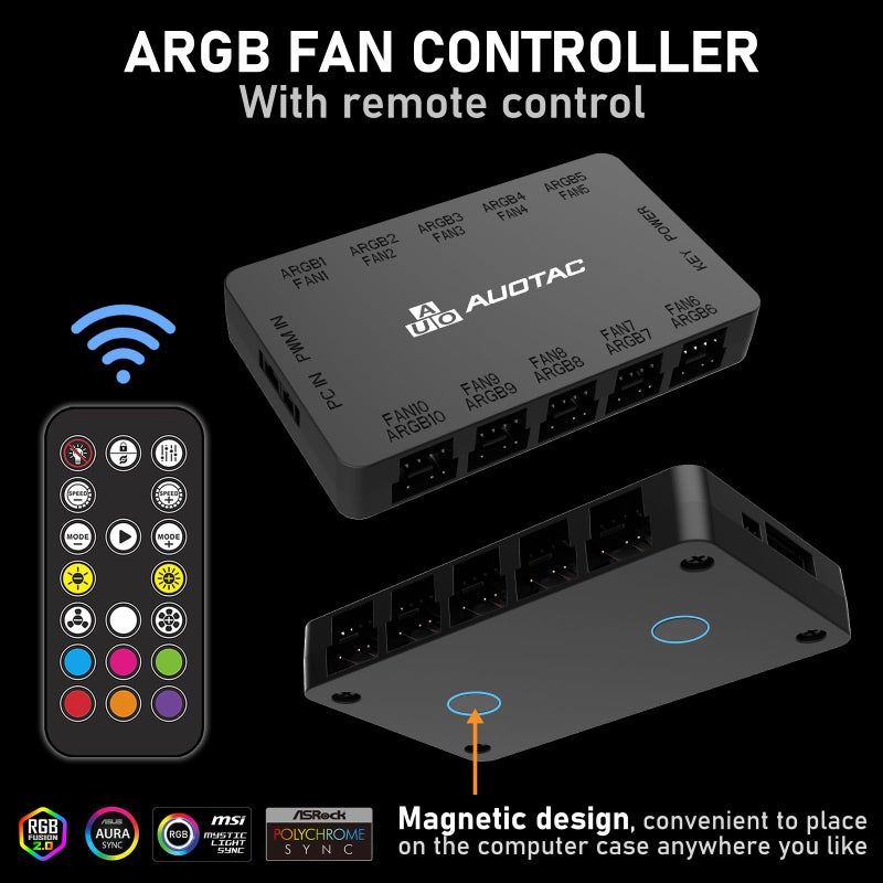 Auotac وحدة تحكم Auotac ARGB لمروحة PWM مع جهاز تحكم عن بعد RF، (توصيل عشرة مراوح حالة، 5V 3Pin ARGB و 12V 4Pin موصل مروحة PWM، مدخل طاقة مزدوج SATA، شفط مغناطيسي)، أسود - Image 5