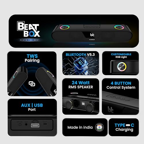 HAMMER Beatbox Bluetooth Soundbar 24W Output, RGB Lights, AUX, USB, TF Card & TWS Connectivity, Upto 8Hr Playtime, 52mm Drivers, Easy to Carry, BT Speaker for TV, Mobile, PC, Laptops, Tablets (Black) - Image 2