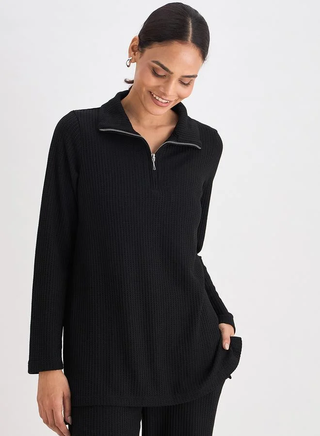 Women Black Waffle Knit High Neck Top