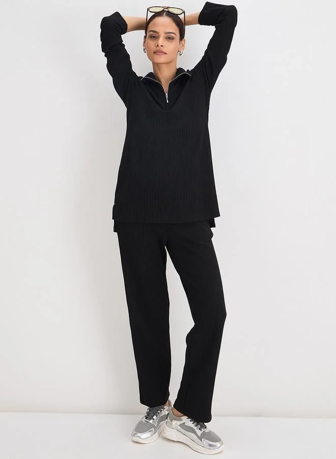 Femmella  Women Black Waffle Knit High Neck Top for Women | Best Price UAE