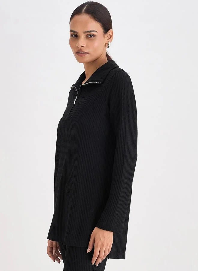 Femmella  Women Black Waffle Knit High Neck Top for Women | Best Price UAE