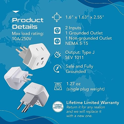 Ceptics Switzerland Travel Adapter Plug with Dual USA Input - Power - Type J (3 Pack) - Ultra Compact - Safe Grounded Perfect for Cell Phones, Laptops, Camera Chargers and More (CT-11A) - Image 3
