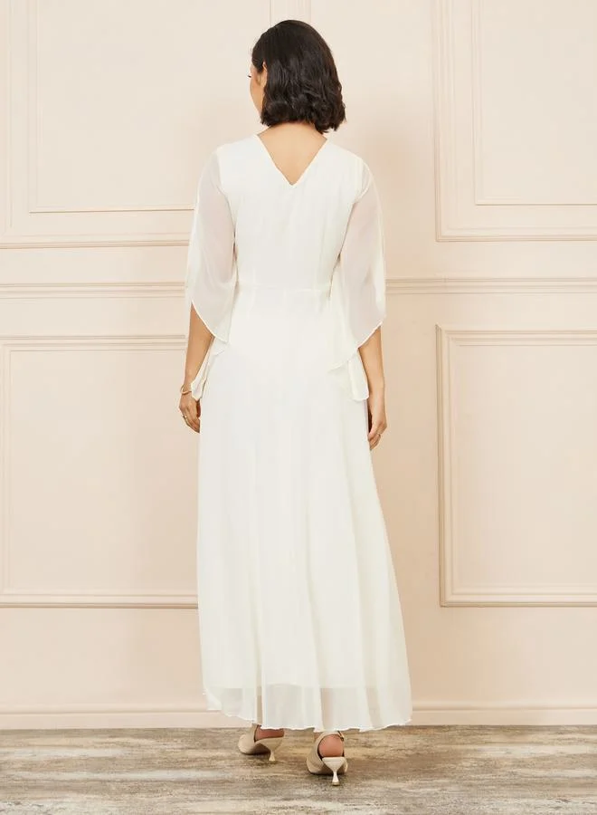 Styli Floral Applique Sheer Sleeves A-Line Maxi Dress