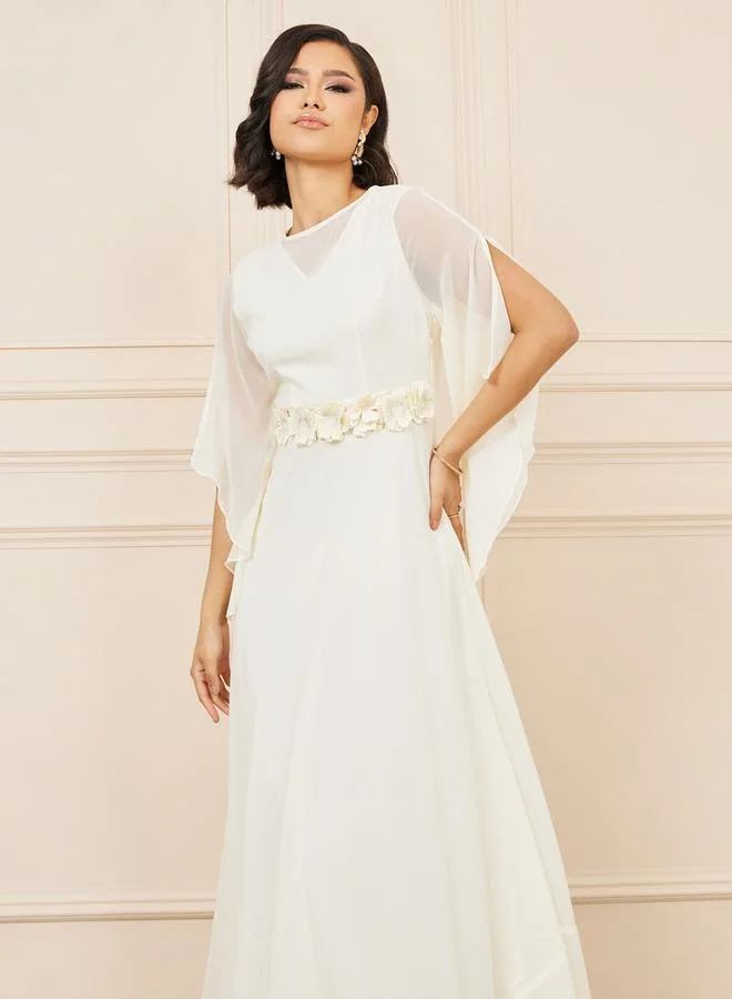 Styli Floral Applique Sheer Sleeves A-Line Maxi Dress