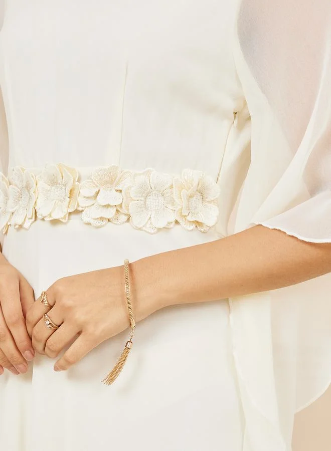 Styli Floral Applique Sheer Sleeves A-Line Maxi Dress