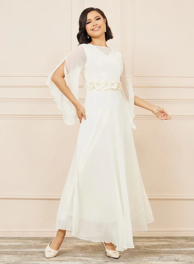 Styli Floral Applique Sheer Sleeves A-Line Maxi Dress