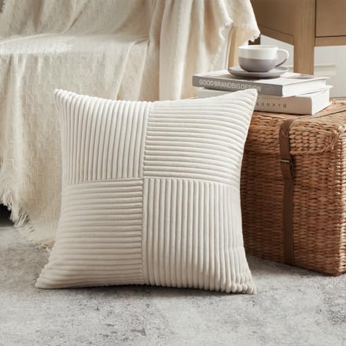 Fancy Homi 2 Packs Cream Samll Decorative Throw Pillow Covers 14x14 Inch with for Couch Bed Sofa Rustic Farmhouse Boho Home Decor Soft Corss Patchwork Corduroy Square Cushion Case 35x35 cm - Image 3