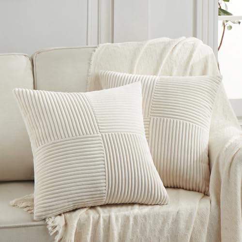 Fancy Homi 2 Packs Cream Samll Decorative Throw Pillow Covers 14x14 Inch with for Couch Bed Sofa Rustic Farmhouse Boho Home Decor Soft Corss Patchwork Corduroy Square Cushion Case 35x35 cm - Image 1