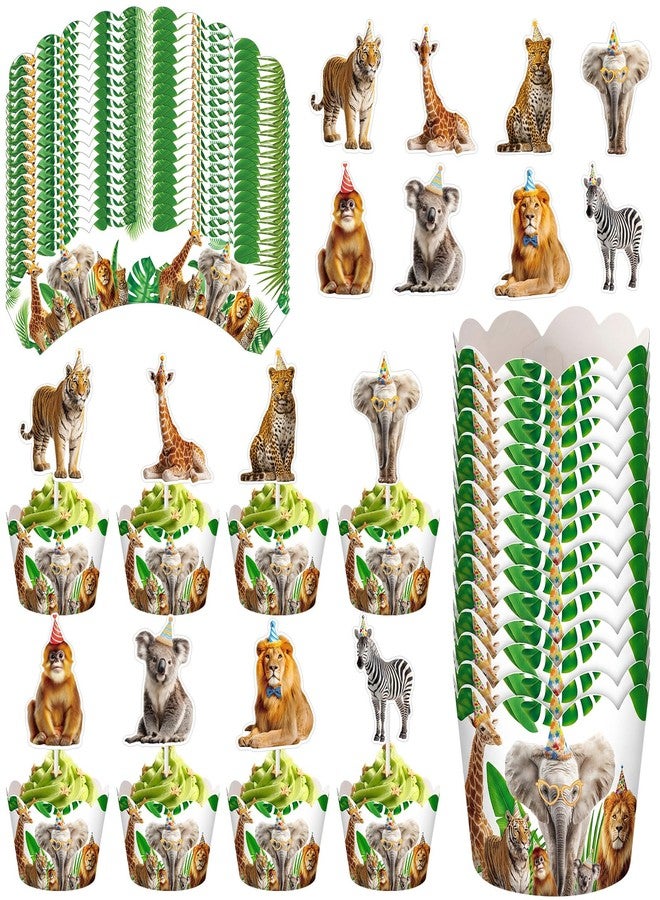 Widecook 96 Pcs Jungle Safari Cupcake Toppers and Wrappers Set Wild Animal Cupcake Picks and Liners for Safari Theme Birthday Baby Shower Wildlife Jungle Party Cake Decorations - Image 1