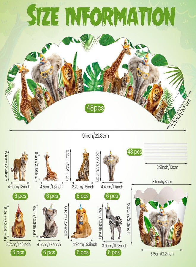 Widecook 96 Pcs Jungle Safari Cupcake Toppers and Wrappers Set Wild Animal Cupcake Picks and Liners for Safari Theme Birthday Baby Shower Wildlife Jungle Party Cake Decorations - Image 2