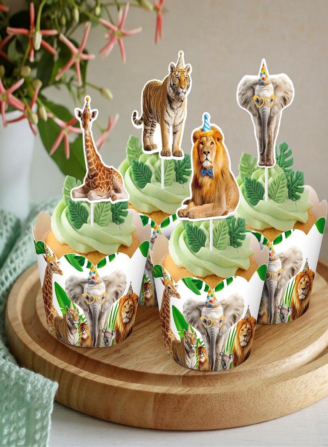 Widecook 96 Pcs Jungle Safari Cupcake Toppers and Wrappers Set Wild Animal Cupcake Picks and Liners for Safari Theme Birthday Baby Shower Wildlife Jungle Party Cake Decorations - Image 3
