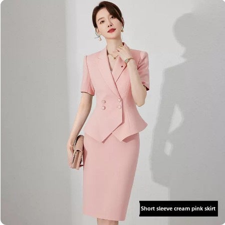 Chic Pink Business Suit Set for Women SpringCream powder short sleeve suit + overskirt Cream powder short sleeve suit + overskirt