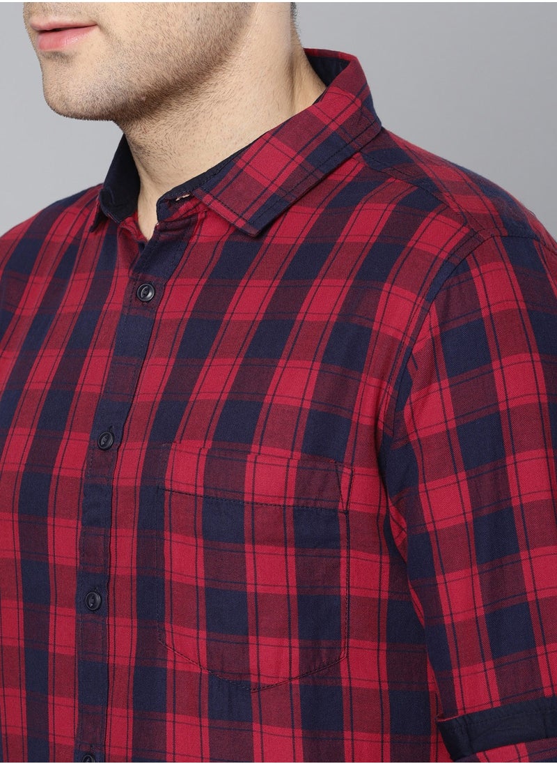 Dennis Lingo Men's Slim Fit Red and Blue Casual Cotton Spread Shirt  - Image 2