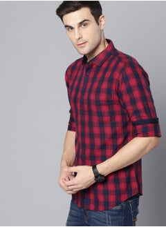 Dennis Lingo Men's Slim Fit Red and Blue Casual Cotton Spread Shirt  - Image 3