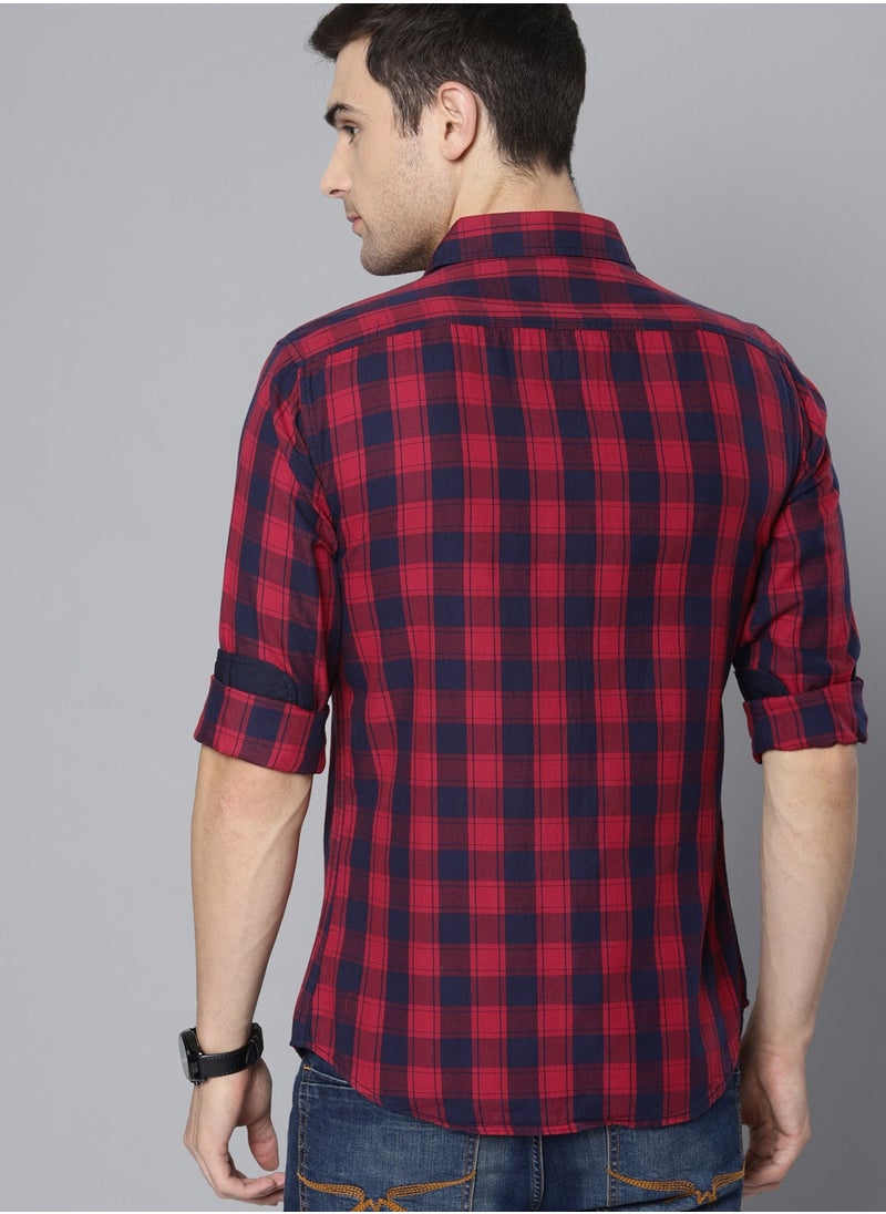 Dennis Lingo Men's Slim Fit Red and Blue Casual Cotton Spread Shirt  - Image 5