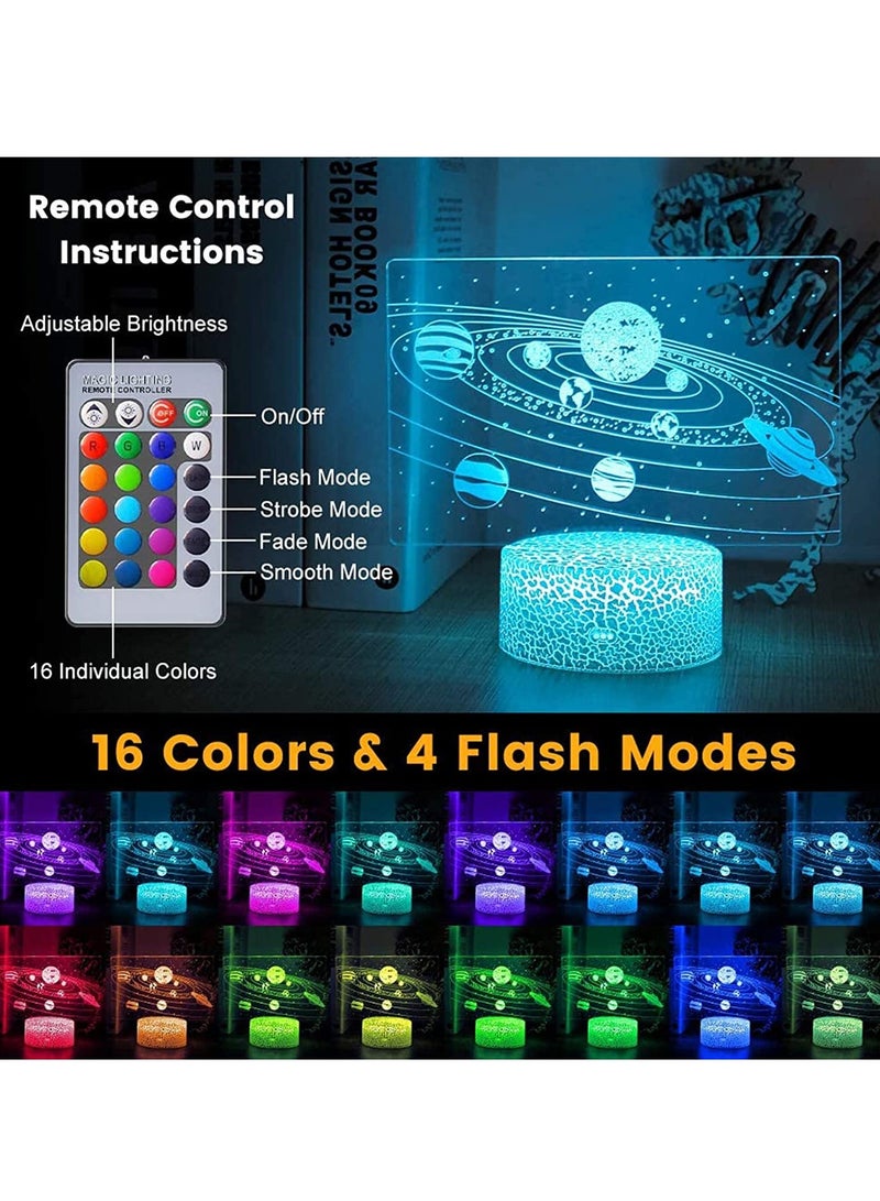 Night Light for Kids Gifts, Solar System 3D Optical Illusion Lamp Universe Space Galaxy LED Night Light with Remote for Space Lover Boys and Girls as a Best Gifts(Solar System) - Image 2