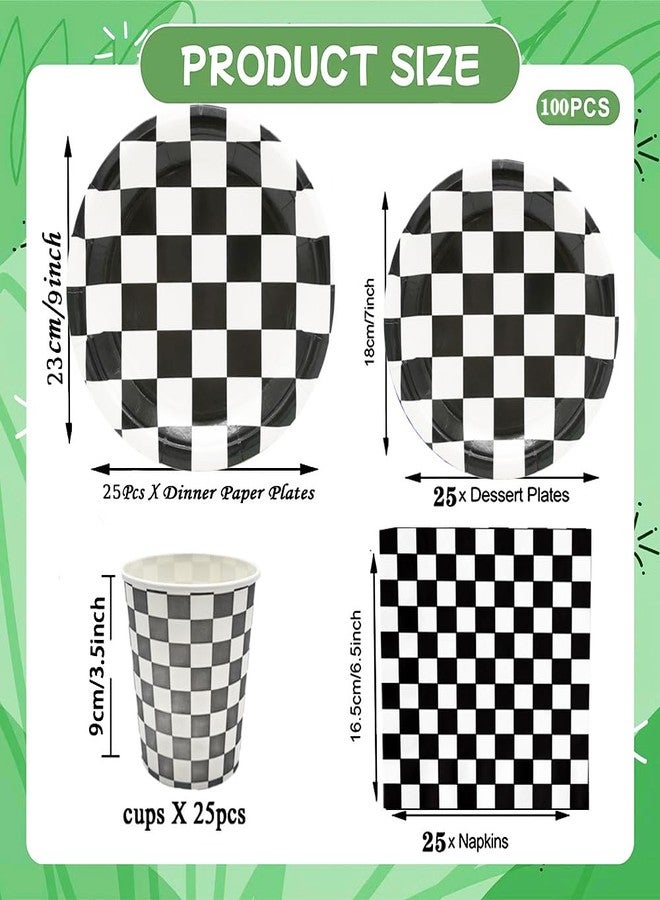 HSPAIDYP 100Pcs Black/White Checkered Race Car Party Supplies, 9" & 7" Dinner & Dessert Plates, Napkins, Cups for 25 Guests, Modern Checkered Pattern, All Occasions - Image 2