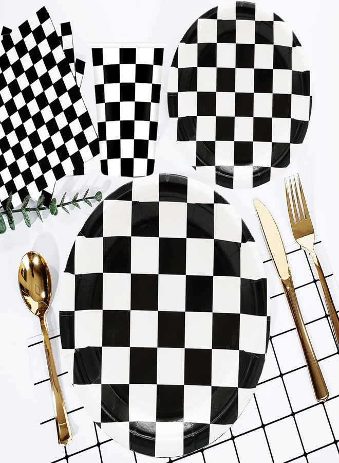 HSPAIDYP 100Pcs Black/White Checkered Race Car Party Supplies, 9" & 7" Dinner & Dessert Plates, Napkins, Cups for 25 Guests, Modern Checkered Pattern, All Occasions - Image 5
