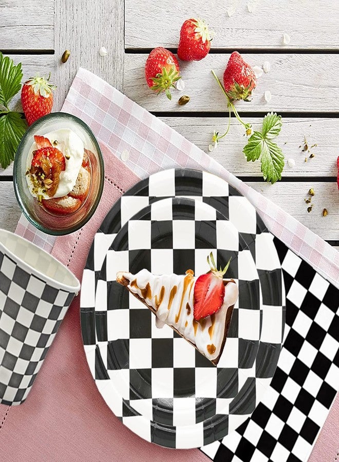 HSPAIDYP 100Pcs Black/White Checkered Race Car Party Supplies, 9" & 7" Dinner & Dessert Plates, Napkins, Cups for 25 Guests, Modern Checkered Pattern, All Occasions - Image 3