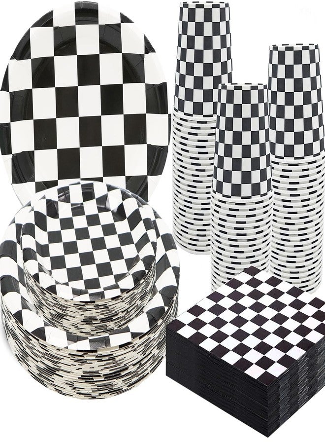 HSPAIDYP 100Pcs Black/White Checkered Race Car Party Supplies, 9" & 7" Dinner & Dessert Plates, Napkins, Cups for 25 Guests, Modern Checkered Pattern, All Occasions - Image 1