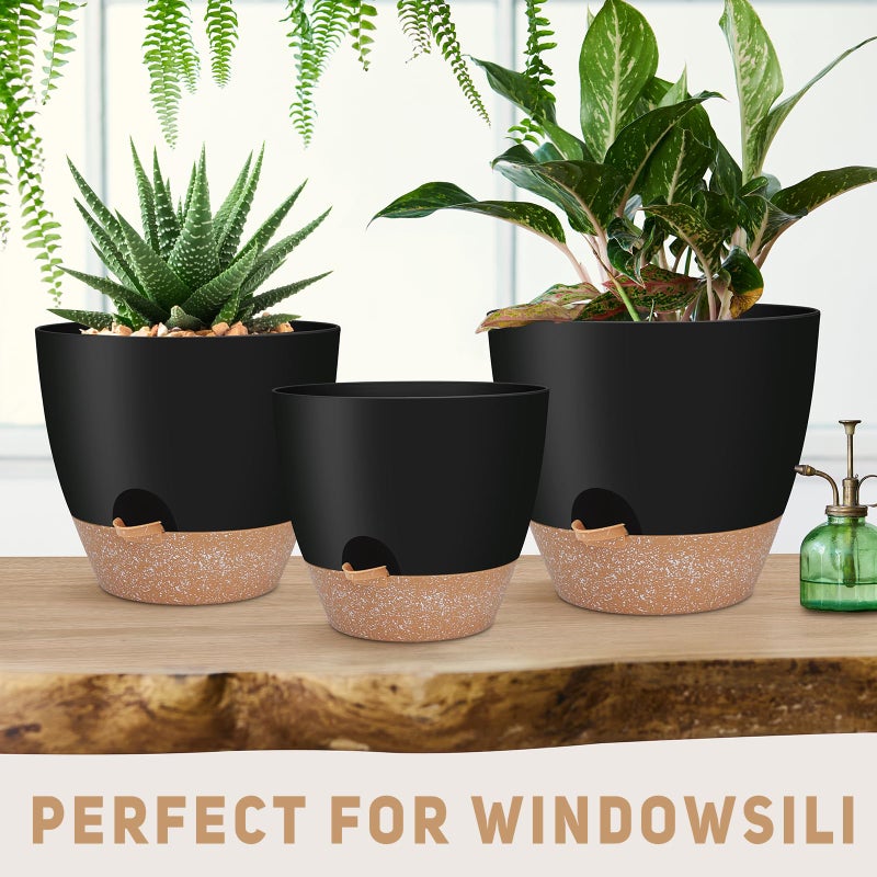 YNNICO 12" 10" 9" Large Self Watering Plant Pots, 3 Pack Flower Pots Planters with Multi Mesh Drainage Holes for Indoor Outdoor Garden Plants and Flowers (Black) - Image 4