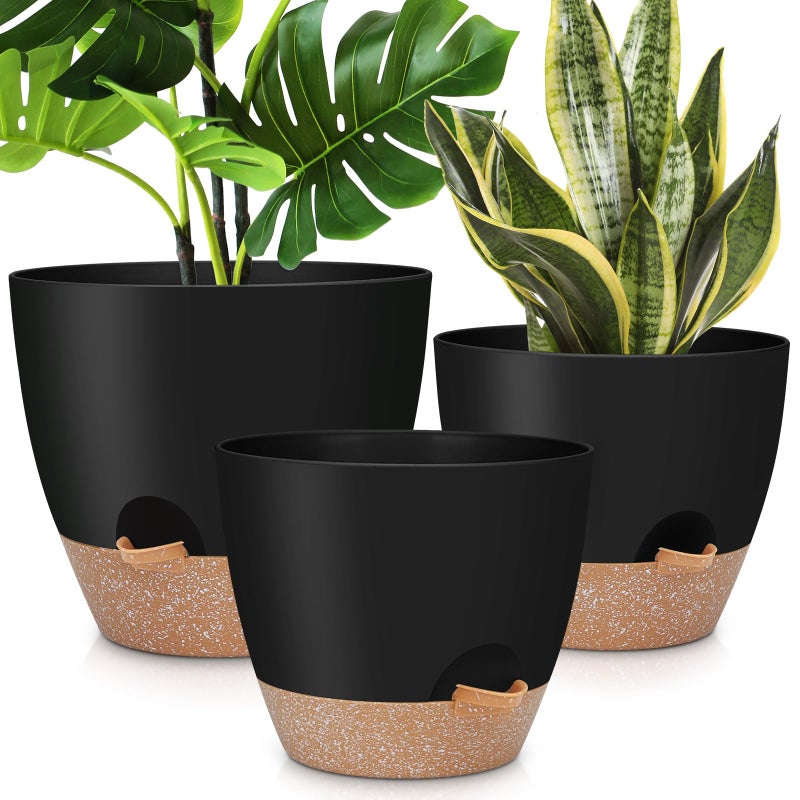 YNNICO 12" 10" 9" Large Self Watering Plant Pots, 3 Pack Flower Pots Planters with Multi Mesh Drainage Holes for Indoor Outdoor Garden Plants and Flowers (Black) - Image 1
