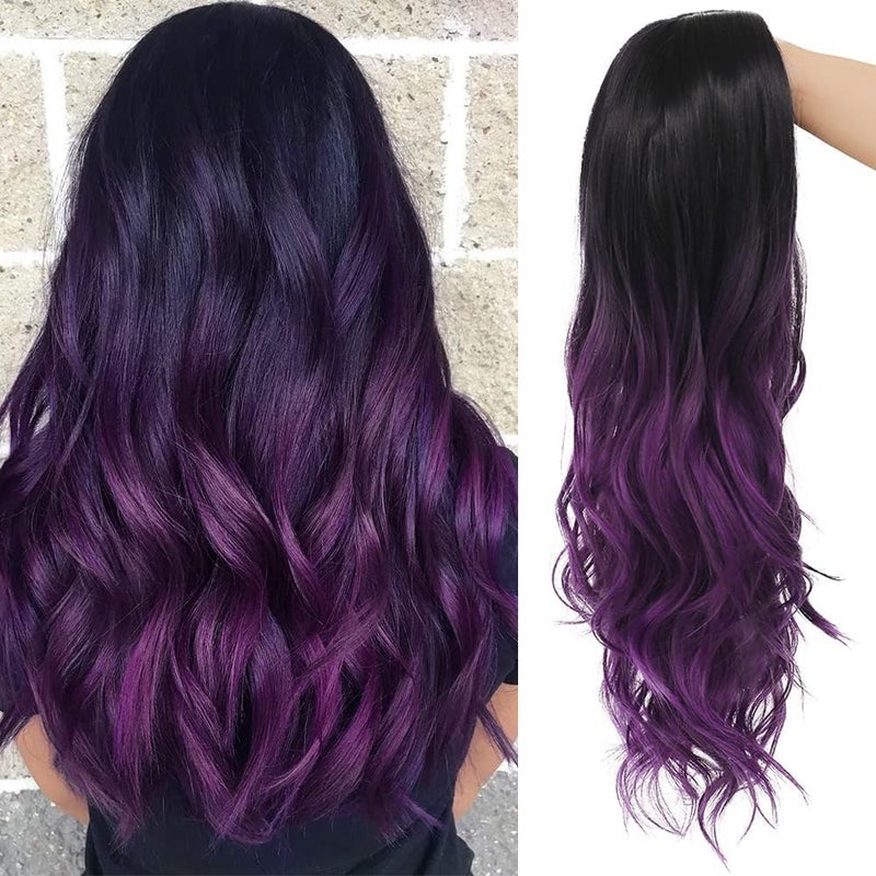 Black Purple Long Wavy Wig for Women Synthetic Heat Resistant Daily Party Costume Halloween
