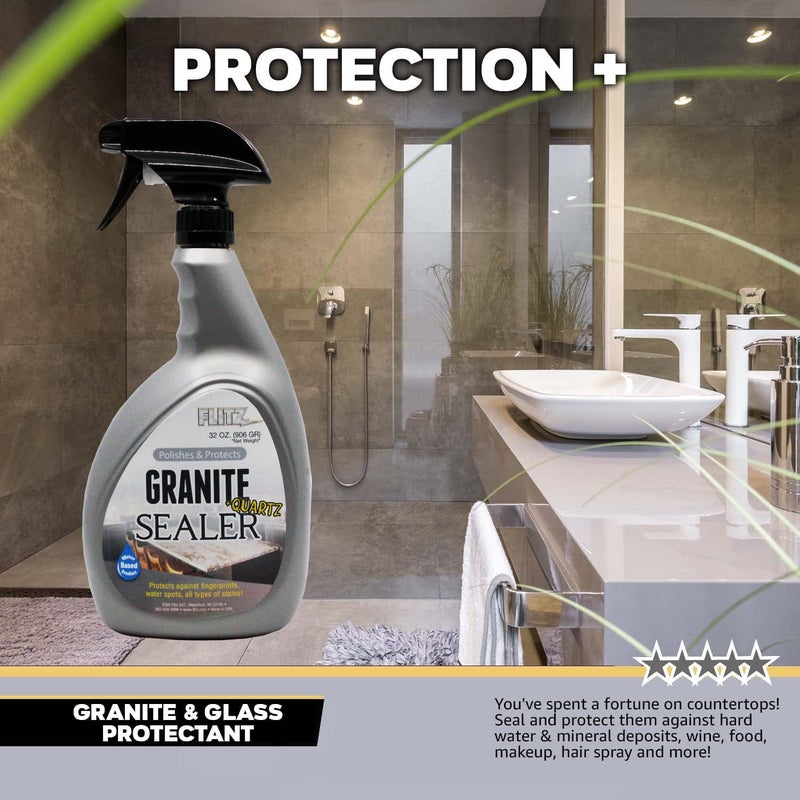Flitz Granite Sealer (+ Quartz) - 32oz Bottle of USA-Made Quartz Sealer for Countertops, Glass, & More - Food Safe Marble Sealant that Shields Against Hard Water Stains, Mineral Deposits, Oil (1 Pack) - Image 4