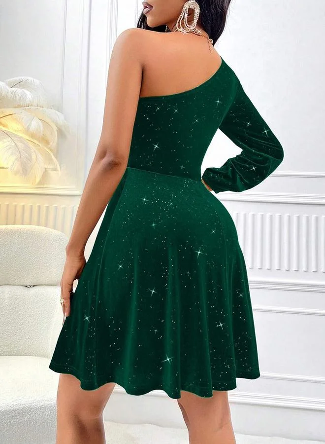 تايك تو Women's Solid One Shoulder Pleated Detail Velvet Mini Dress