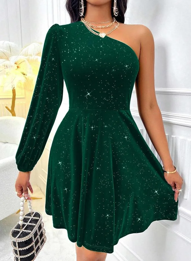 Take Two  Women's Solid One Shoulder Pleated Detail Velvet Mini Dress for Women | Best Price UAE