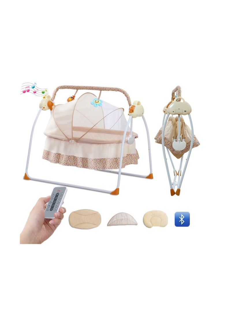 Baby Cradle, Electric Infant Swing Bed with Safety Belt/Bluetooth Music Player,Kids Rocking Crib Bedside Hammock with Mosquito Net,Mattress,Pillow for 0-2 Years Toddlers,Foldable Newborn Bassinet (C) 
