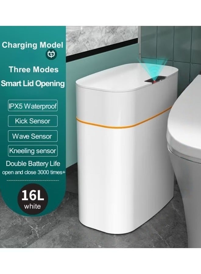 16L Smart Sensor Trash Can With Wave Sensor, Kick Sensor, Kneeling Sensor, Automatic Opening, IPX5 Waterproof, Suitable ForBathroom, Living room, Kitchen, Bedroom 27*17*30cm - Image 1