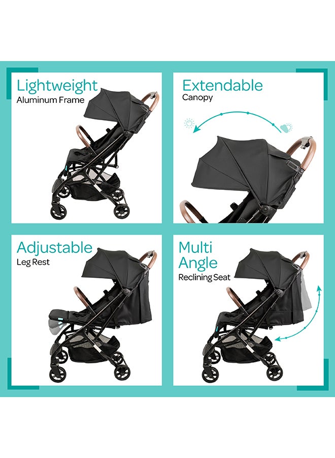 Moon Ritzi Lightweight Travel Cabin Stroller – Multi-Position Recline, Storage Basket, Shoulder Strap, Compact And Travel Friendly, 0m+ to 18kg – Black - Image 4