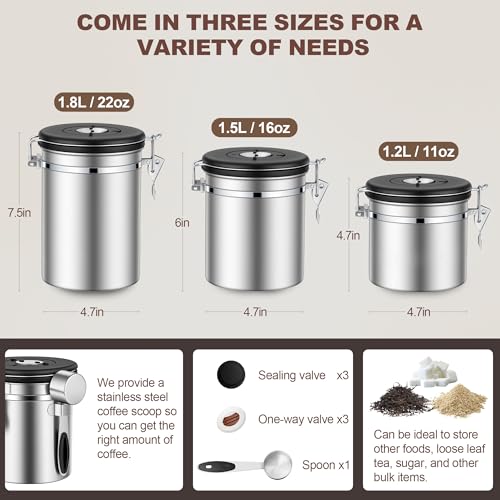 ShanSon Coffee Canister Airtight, Stainless Steel Bean Storage Container with Date Tracker & Scoop, Grounds Sugar Flour Tea Cereal Fits Kitchen Pantry, Ideal Gift for Coffee Lovers,16oz,Silver - Image 3